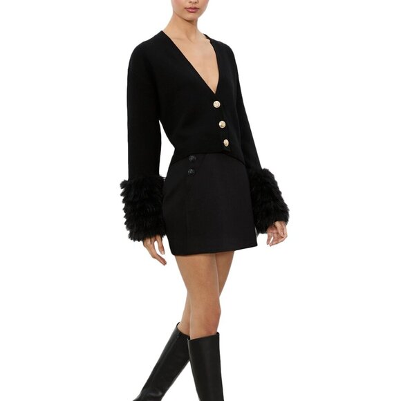 Alice and Olivia Bradley Faux Fur Cuff Wool Blend Crop Cardigan - Picture 1 of 12